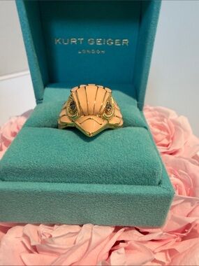 Kurt Geiger Gold Tone Cream Enamel Eagle Ring with Clear Stone Accent NWT 8